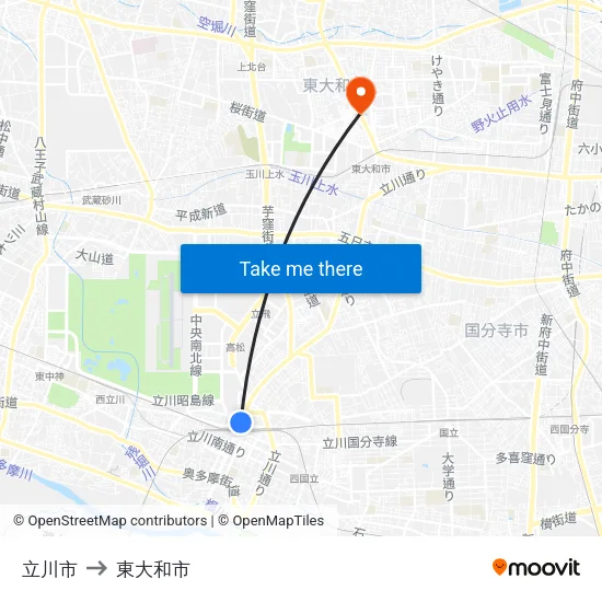 立川市 to 東大和市 map