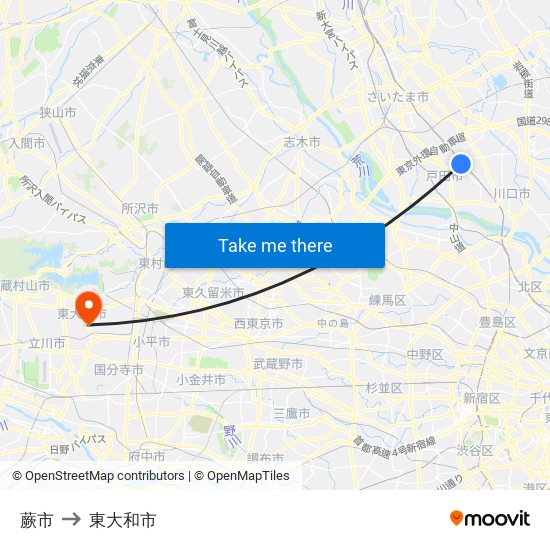 蕨市 to 東大和市 map