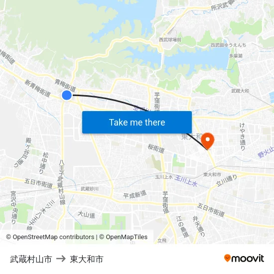 武蔵村山市 to 東大和市 map
