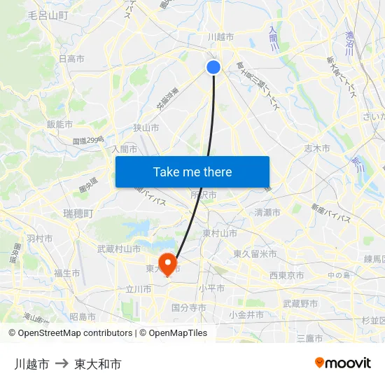 川越市 to 東大和市 map