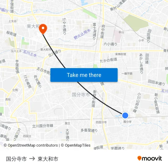 国分寺市 to 東大和市 map