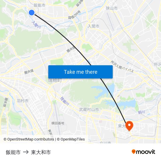 飯能市 to 東大和市 map