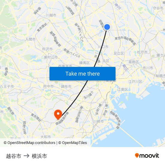 越谷市 to 横浜市 map