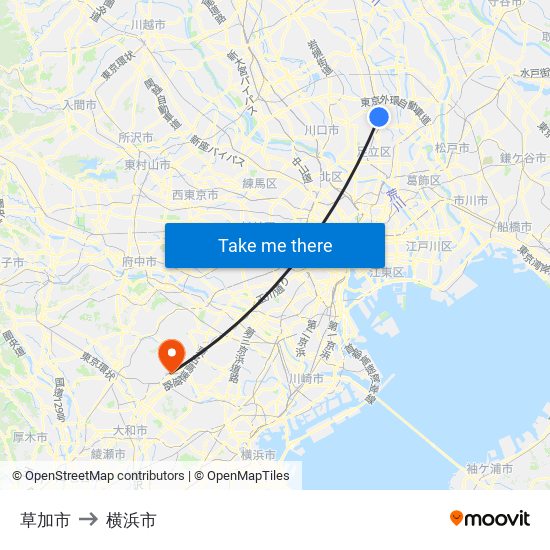 草加市 to 横浜市 map