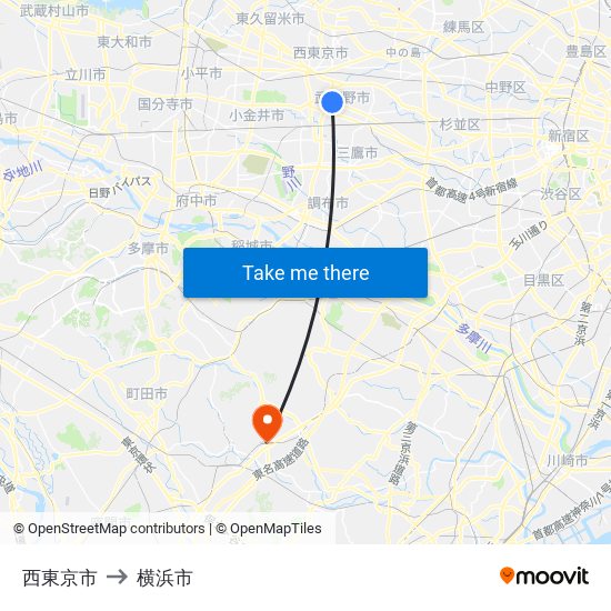 西東京市 to 横浜市 map