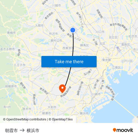 朝霞市 to 横浜市 map