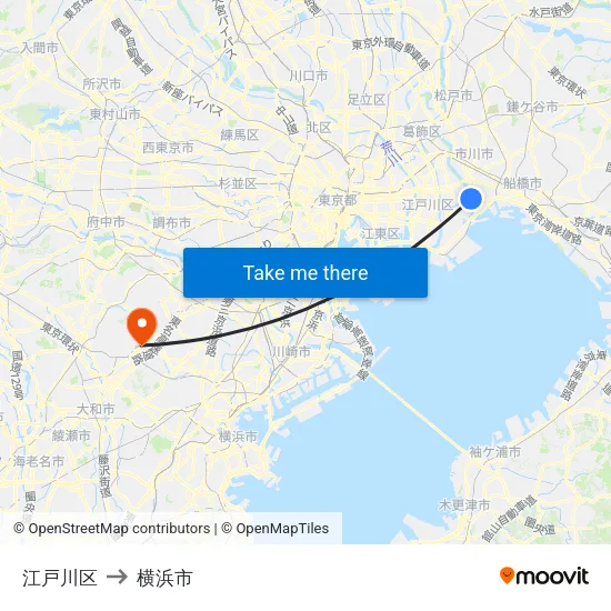 江戸川区 to 横浜市 map