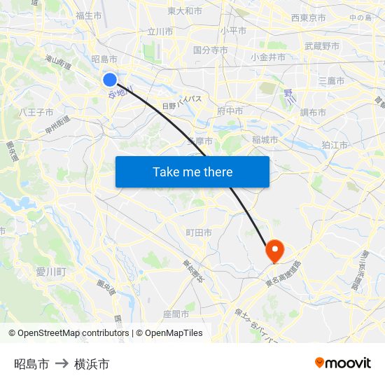 昭島市 to 横浜市 map