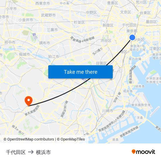 千代田区 to 横浜市 map