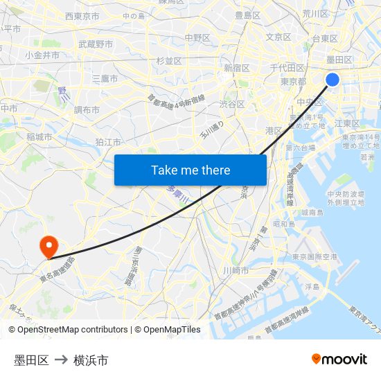 墨田区 to 横浜市 map