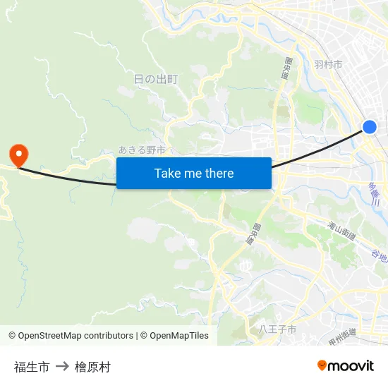 福生市 to 檜原村 map