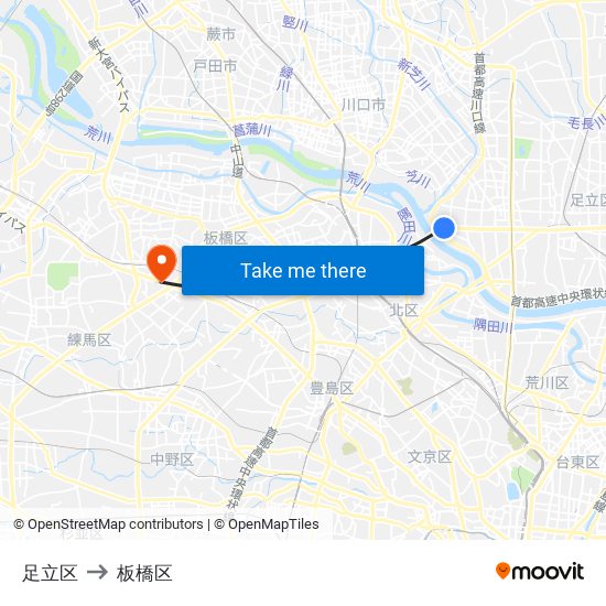 足立区 to 板橋区 map