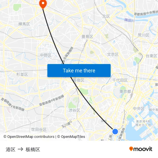 港区 to 板橋区 map