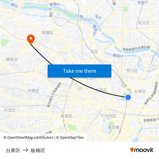 台東区 to 板橋区 map