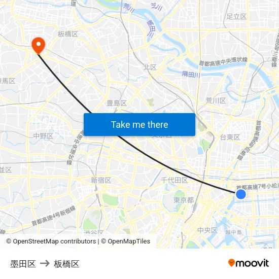 墨田区 to 板橋区 map