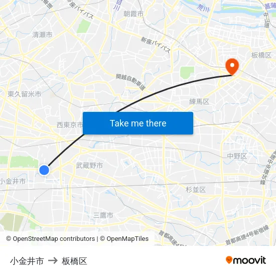 小金井市 to 板橋区 map
