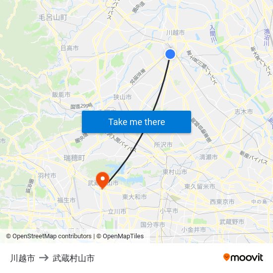 川越市 to 武蔵村山市 map