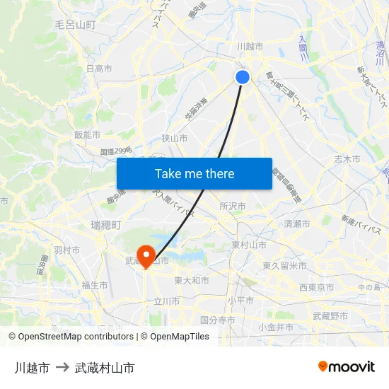 川越市 to 武蔵村山市 map