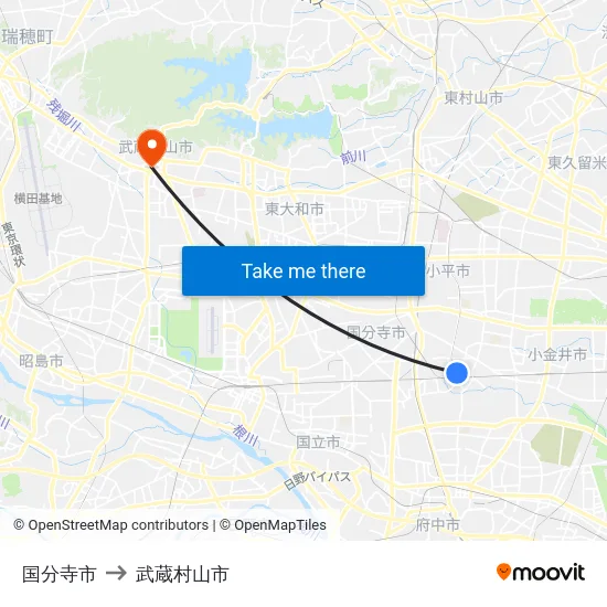 国分寺市 to 武蔵村山市 map