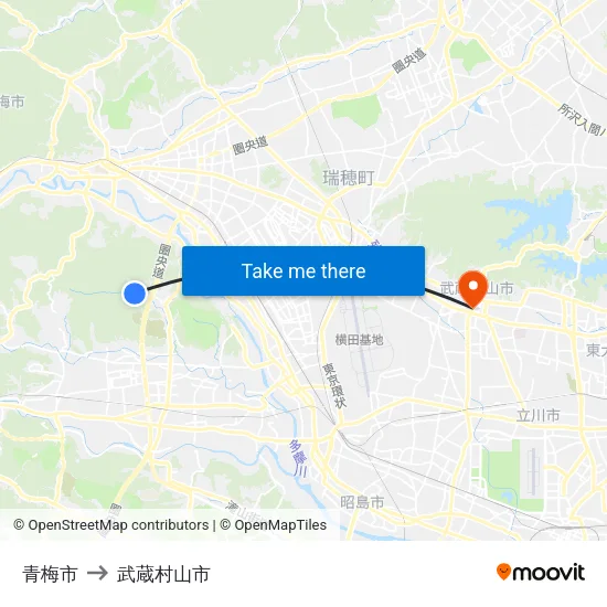 青梅市 to 武蔵村山市 map
