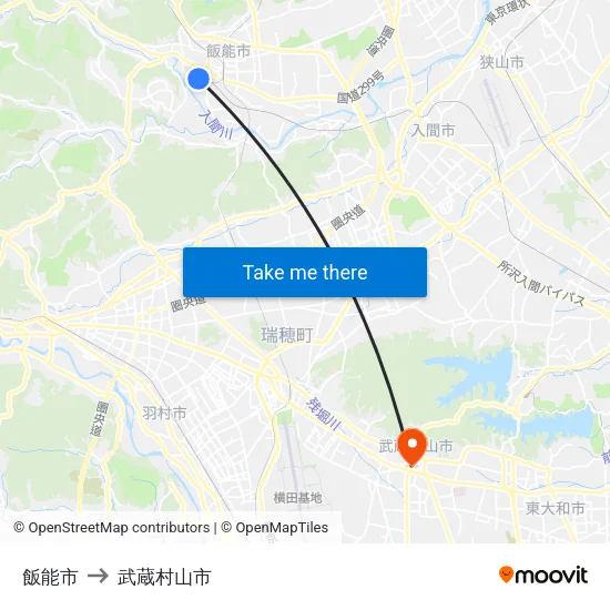 飯能市 to 武蔵村山市 map