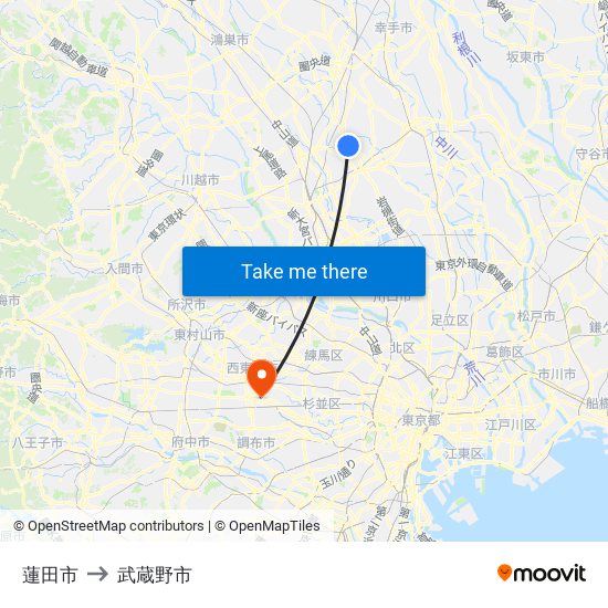 蓮田市 to 武蔵野市 map