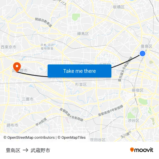 豊島区 to 武蔵野市 map