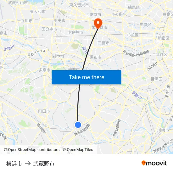 横浜市 to 武蔵野市 map