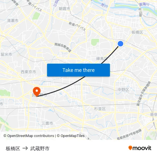 板橋区 to 武蔵野市 map