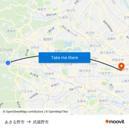 あきる野市 to 武蔵野市 map
