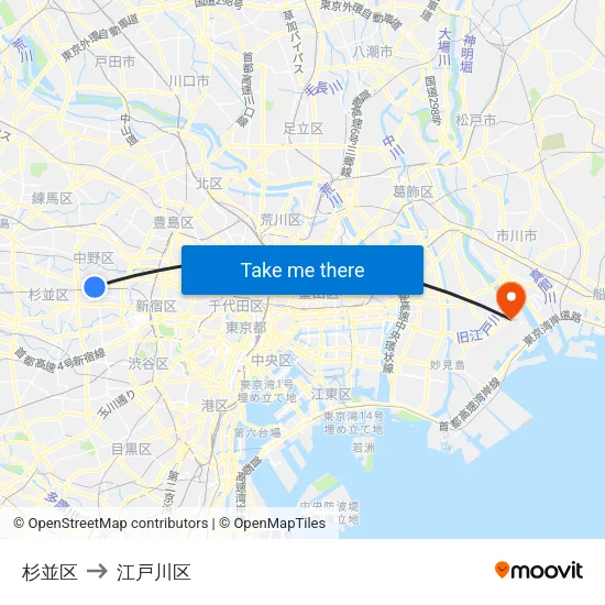 杉並区 to 江戸川区 map