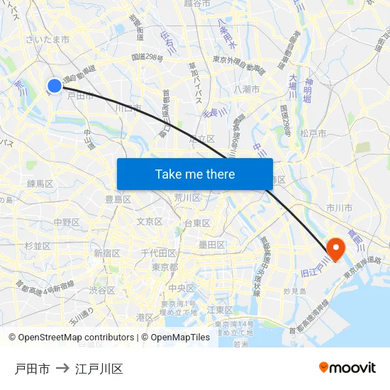 戸田市 to 江戸川区 map
