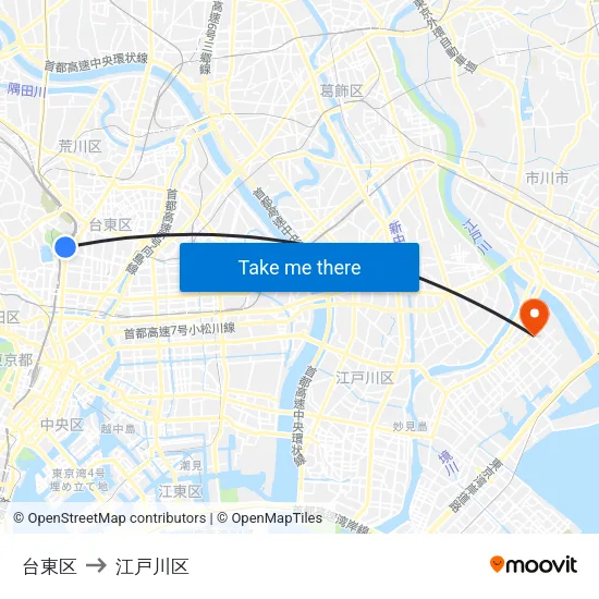 台東区 to 江戸川区 map
