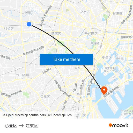 杉並区 to 江東区 map