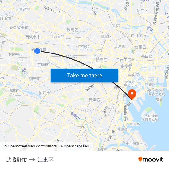 武蔵野市 to 江東区 map