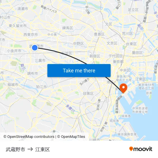武蔵野市 to 江東区 map