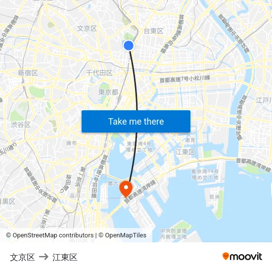 文京区 to 江東区 map