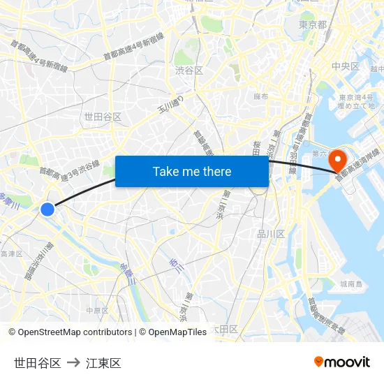 世田谷区 to 江東区 map