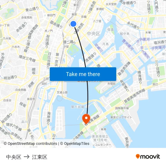 中央区 to 江東区 map