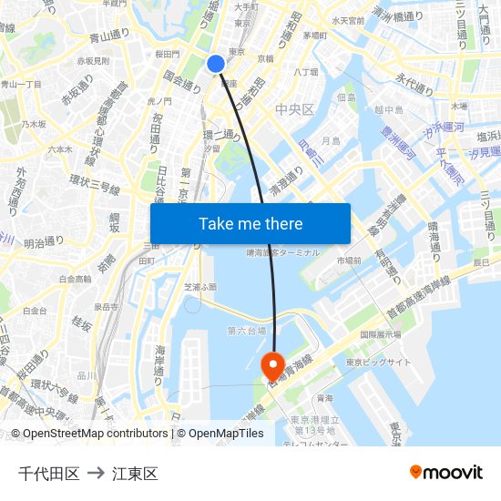 千代田区 to 江東区 map