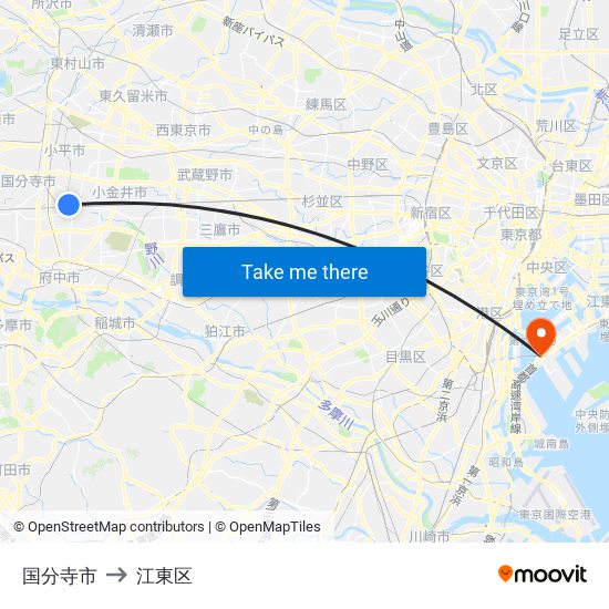 国分寺市 to 江東区 map