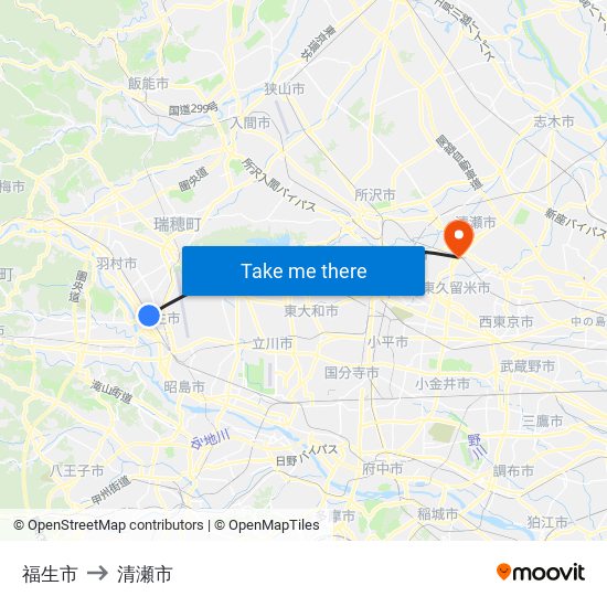 福生市 to 清瀬市 map
