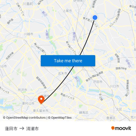 蓮田市 to 清瀬市 map