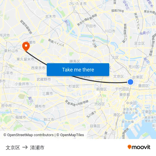文京区 to 清瀬市 map