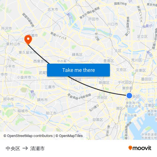 中央区 to 清瀬市 map