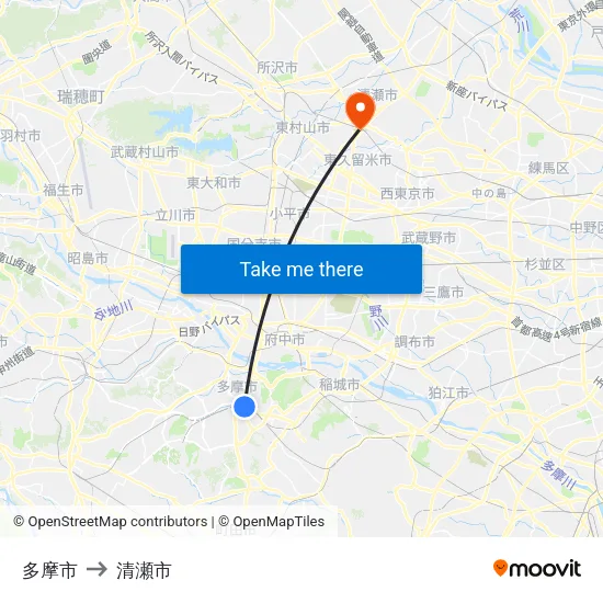 多摩市 to 清瀬市 map