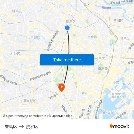 豊島区 to 渋谷区 map