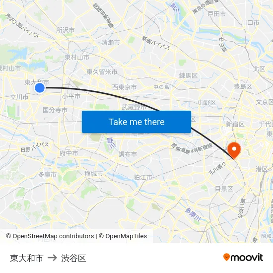 東大和市 to 渋谷区 map