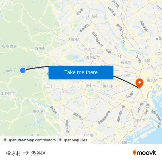 檜原村 to 渋谷区 map