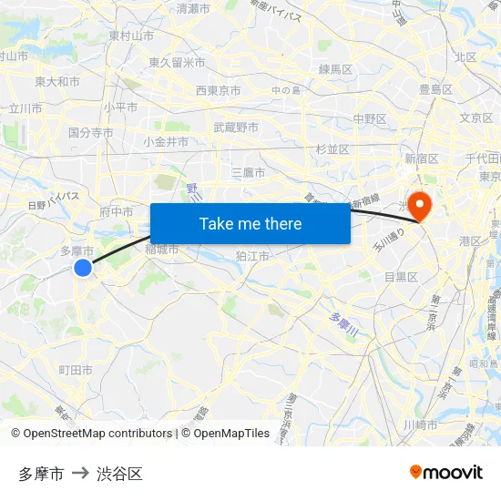 多摩市 to 渋谷区 map